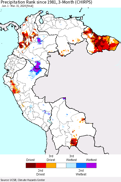 Northern South America Precipitation Rank since 1981, 3-Month (CHIRPS) Thematic Map For 1/1/2024 - 3/31/2024