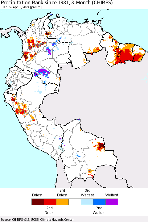 Northern South America Precipitation Rank since 1981, 3-Month (CHIRPS) Thematic Map For 1/6/2024 - 4/5/2024
