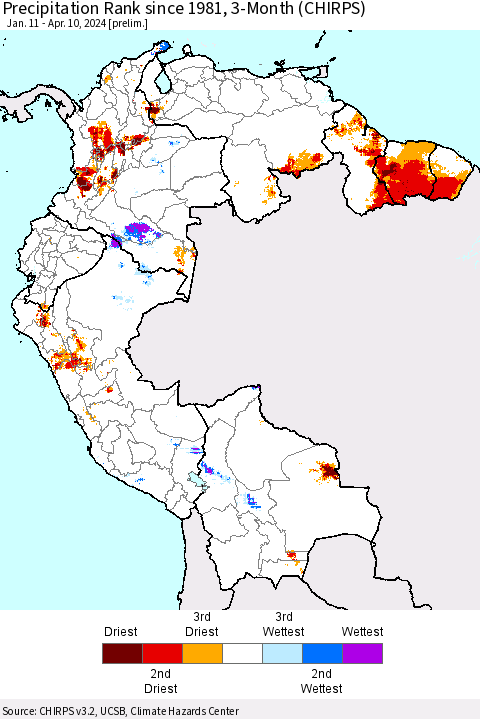 Northern South America Precipitation Rank since 1981, 3-Month (CHIRPS) Thematic Map For 1/11/2024 - 4/10/2024