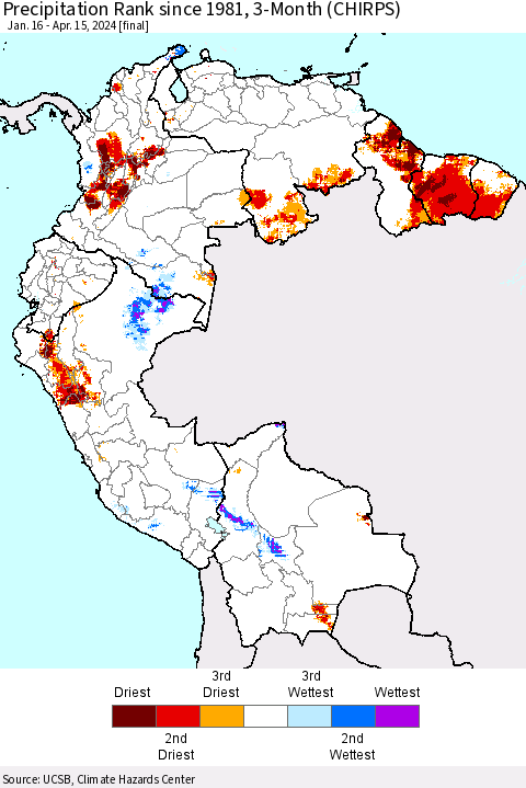 Northern South America Precipitation Rank since 1981, 3-Month (CHIRPS) Thematic Map For 1/16/2024 - 4/15/2024