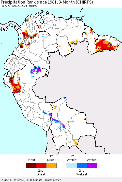 Northern South America Precipitation Rank since 1981, 3-Month (CHIRPS) Thematic Map For 1/21/2024 - 4/20/2024