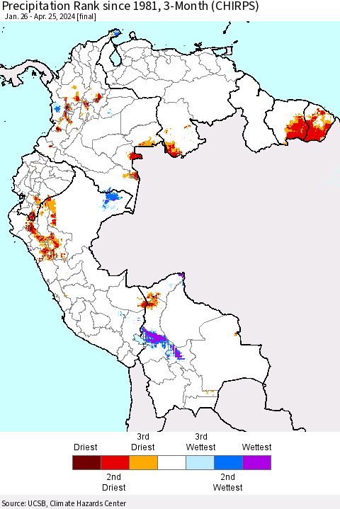 Northern South America Precipitation Rank since 1981, 3-Month (CHIRPS) Thematic Map For 1/26/2024 - 4/25/2024