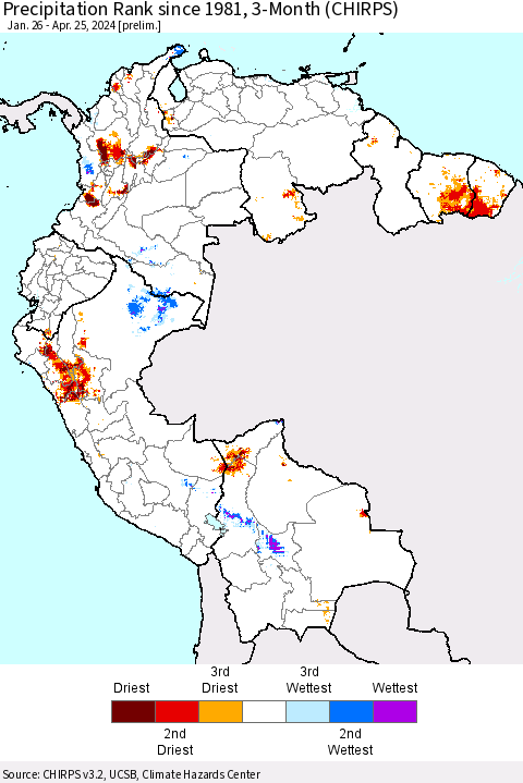 Northern South America Precipitation Rank since 1981, 3-Month (CHIRPS) Thematic Map For 1/26/2024 - 4/25/2024