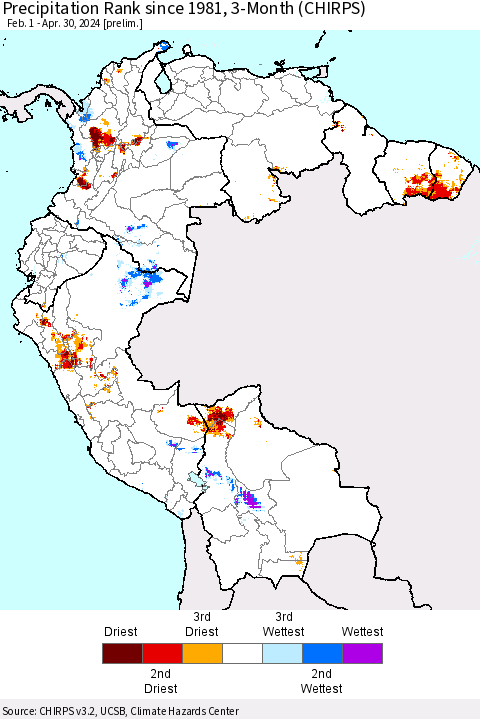 Northern South America Precipitation Rank since 1981, 3-Month (CHIRPS) Thematic Map For 2/1/2024 - 4/30/2024