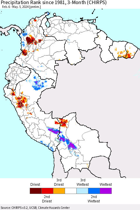 Northern South America Precipitation Rank since 1981, 3-Month (CHIRPS) Thematic Map For 2/6/2024 - 5/5/2024