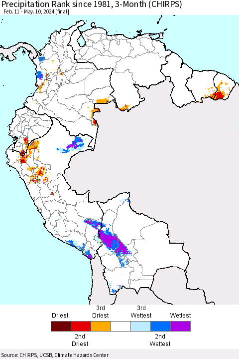Northern South America Precipitation Rank since 1981, 3-Month (CHIRPS) Thematic Map For 2/11/2024 - 5/10/2024