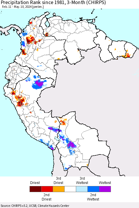 Northern South America Precipitation Rank since 1981, 3-Month (CHIRPS) Thematic Map For 2/11/2024 - 5/10/2024