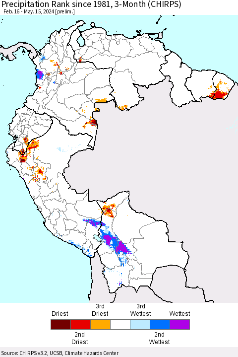 Northern South America Precipitation Rank since 1981, 3-Month (CHIRPS) Thematic Map For 2/16/2024 - 5/15/2024