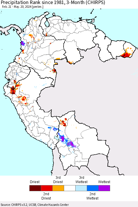 Northern South America Precipitation Rank since 1981, 3-Month (CHIRPS) Thematic Map For 2/21/2024 - 5/20/2024