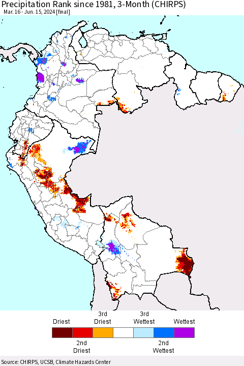 Northern South America Precipitation Rank since 1981, 3-Month (CHIRPS) Thematic Map For 3/16/2024 - 6/15/2024
