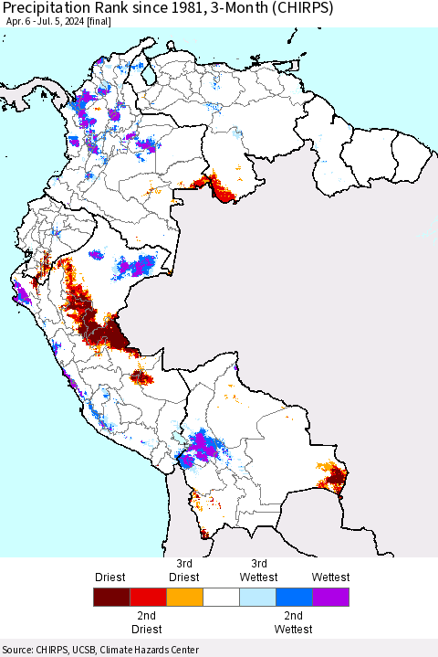 Northern South America Precipitation Rank since 1981, 3-Month (CHIRPS) Thematic Map For 4/6/2024 - 7/5/2024