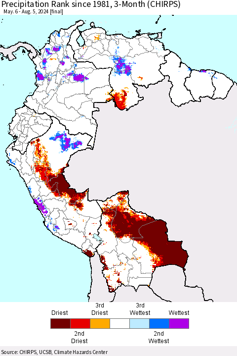 Northern South America Precipitation Rank since 1981, 3-Month (CHIRPS) Thematic Map For 5/6/2024 - 8/5/2024