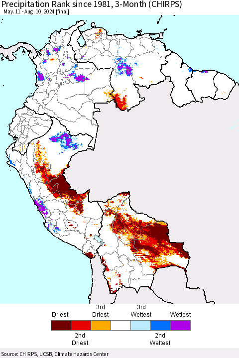 Northern South America Precipitation Rank since 1981, 3-Month (CHIRPS) Thematic Map For 5/11/2024 - 8/10/2024