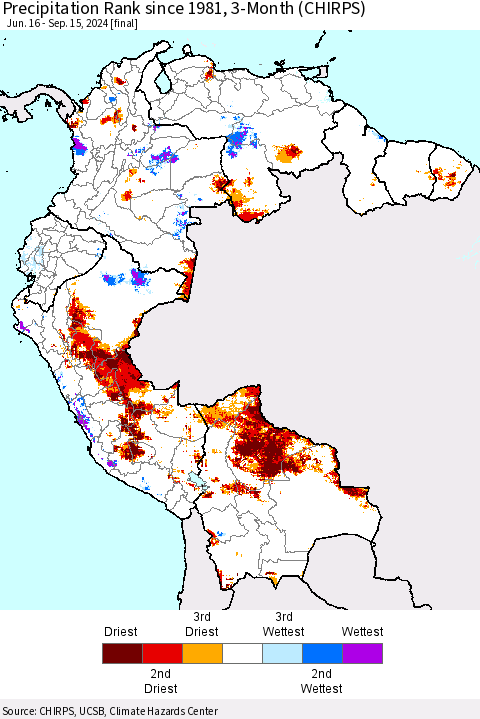 Northern South America Precipitation Rank since 1981, 3-Month (CHIRPS) Thematic Map For 6/16/2024 - 9/15/2024