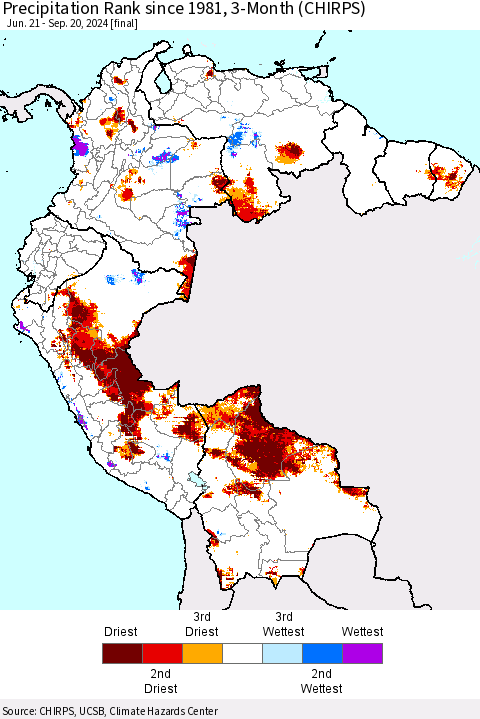 Northern South America Precipitation Rank since 1981, 3-Month (CHIRPS) Thematic Map For 6/21/2024 - 9/20/2024