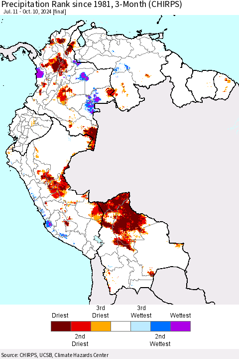 Northern South America Precipitation Rank since 1981, 3-Month (CHIRPS) Thematic Map For 7/11/2024 - 10/10/2024