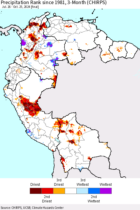 Northern South America Precipitation Rank since 1981, 3-Month (CHIRPS) Thematic Map For 7/26/2024 - 10/25/2024