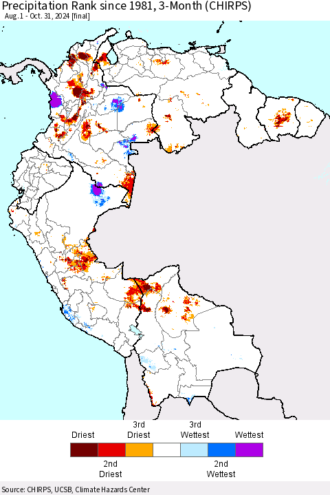 Northern South America Precipitation Rank since 1981, 3-Month (CHIRPS) Thematic Map For 8/1/2024 - 10/31/2024