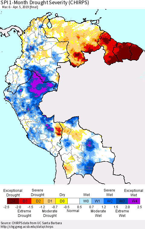 Northern South America SPI 1-Month Drought Severity (CHIRPS) Thematic Map For 3/6/2019 - 4/5/2019