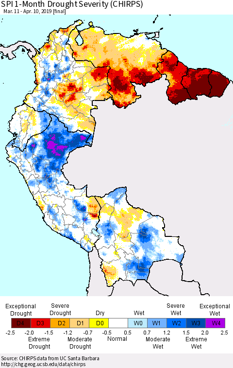 Northern South America SPI 1-Month Drought Severity (CHIRPS) Thematic Map For 3/11/2019 - 4/10/2019