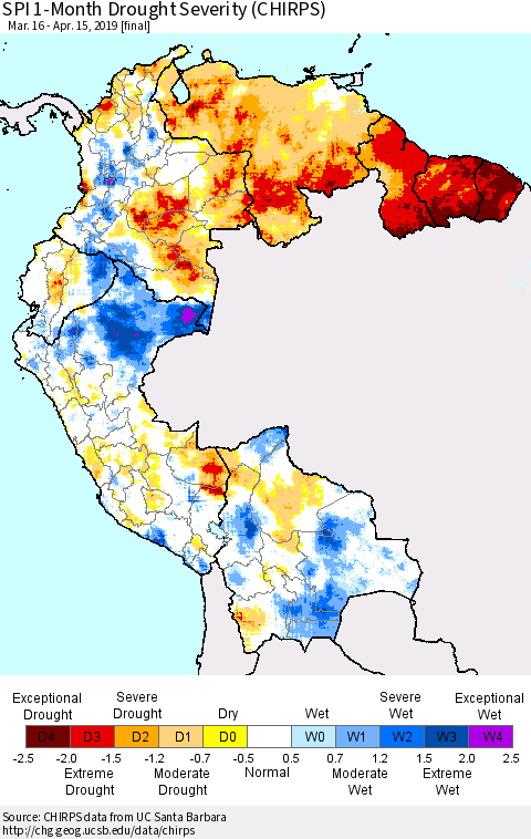 Northern South America SPI 1-Month Drought Severity (CHIRPS) Thematic Map For 3/16/2019 - 4/15/2019