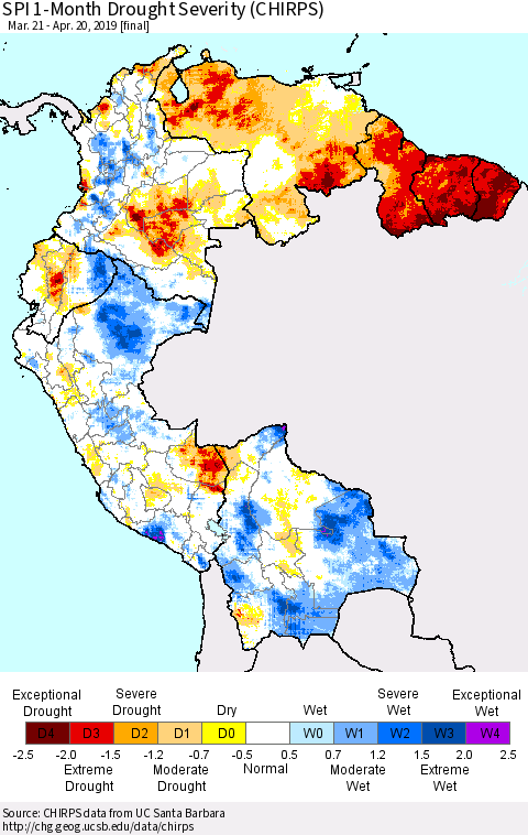 Northern South America SPI 1-Month Drought Severity (CHIRPS) Thematic Map For 3/21/2019 - 4/20/2019