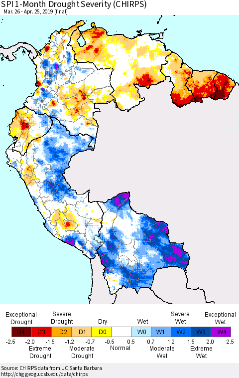 Northern South America SPI 1-Month Drought Severity (CHIRPS) Thematic Map For 3/26/2019 - 4/25/2019