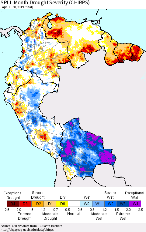 Northern South America SPI 1-Month Drought Severity (CHIRPS) Thematic Map For 4/1/2019 - 4/30/2019