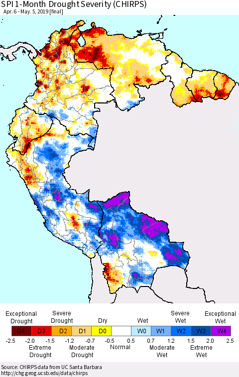 Northern South America SPI 1-Month Drought Severity (CHIRPS) Thematic Map For 4/6/2019 - 5/5/2019