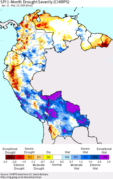Northern South America SPI 1-Month Drought Severity (CHIRPS) Thematic Map For 4/11/2019 - 5/10/2019