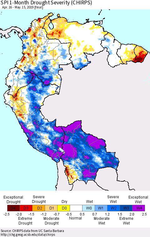Northern South America SPI 1-Month Drought Severity (CHIRPS) Thematic Map For 4/16/2019 - 5/15/2019