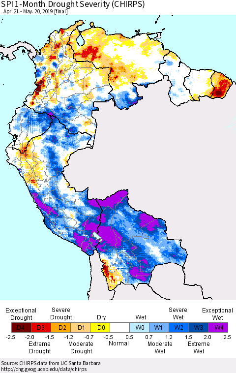 Northern South America SPI 1-Month Drought Severity (CHIRPS) Thematic Map For 4/21/2019 - 5/20/2019