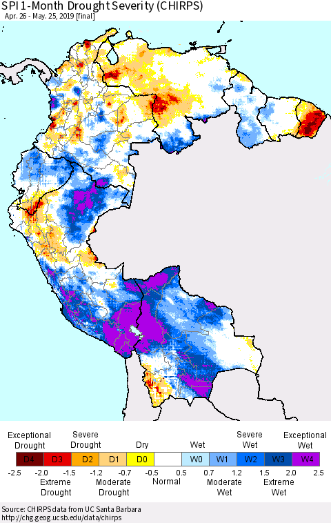 Northern South America SPI 1-Month Drought Severity (CHIRPS) Thematic Map For 4/26/2019 - 5/25/2019