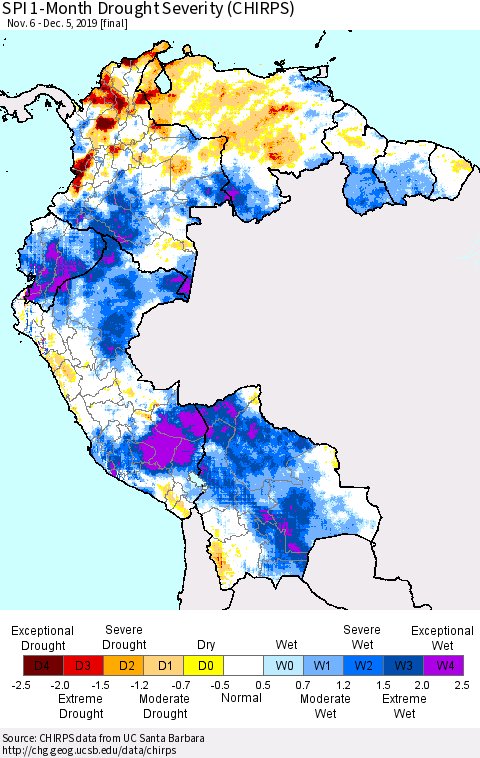Northern South America SPI 1-Month Drought Severity (CHIRPS) Thematic Map For 11/6/2019 - 12/5/2019