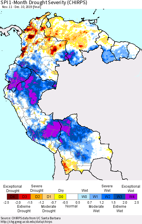 Northern South America SPI 1-Month Drought Severity (CHIRPS) Thematic Map For 11/11/2019 - 12/10/2019