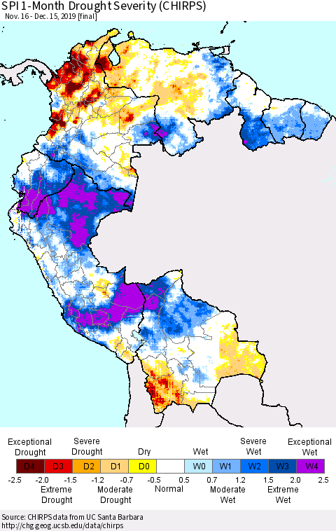 Northern South America SPI 1-Month Drought Severity (CHIRPS) Thematic Map For 11/16/2019 - 12/15/2019