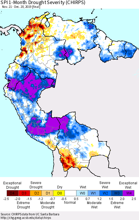 Northern South America SPI 1-Month Drought Severity (CHIRPS) Thematic Map For 11/21/2019 - 12/20/2019