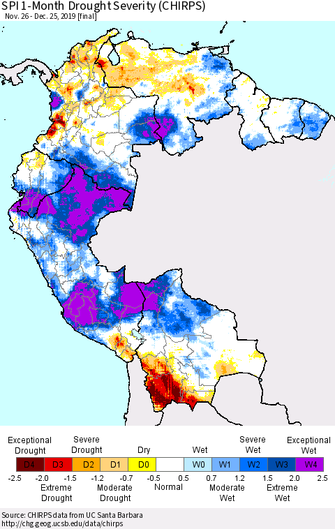Northern South America SPI 1-Month Drought Severity (CHIRPS) Thematic Map For 11/26/2019 - 12/25/2019