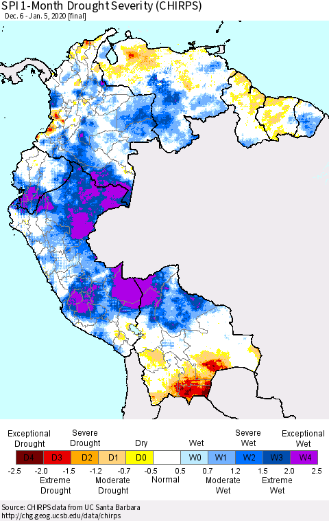 Northern South America SPI 1-Month Drought Severity (CHIRPS) Thematic Map For 12/6/2019 - 1/5/2020