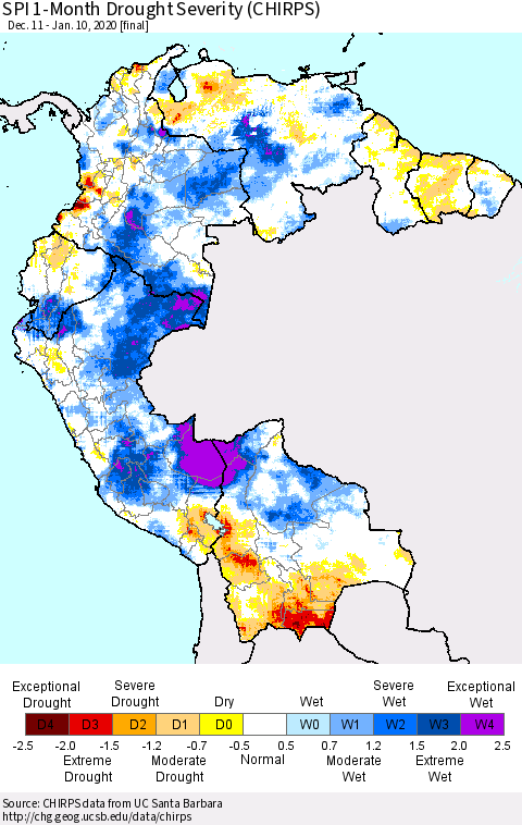 Northern South America SPI 1-Month Drought Severity (CHIRPS) Thematic Map For 12/11/2019 - 1/10/2020