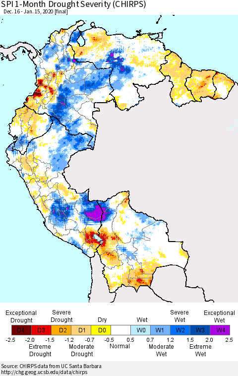 Northern South America SPI 1-Month Drought Severity (CHIRPS) Thematic Map For 12/16/2019 - 1/15/2020