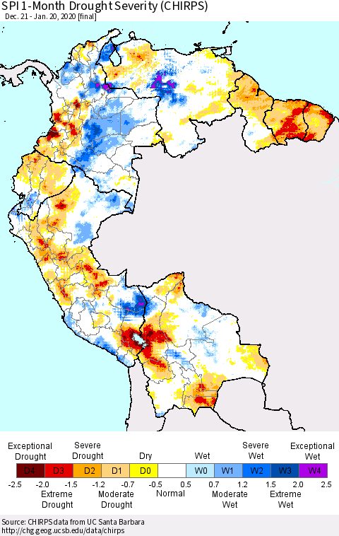 Northern South America SPI 1-Month Drought Severity (CHIRPS) Thematic Map For 12/21/2019 - 1/20/2020
