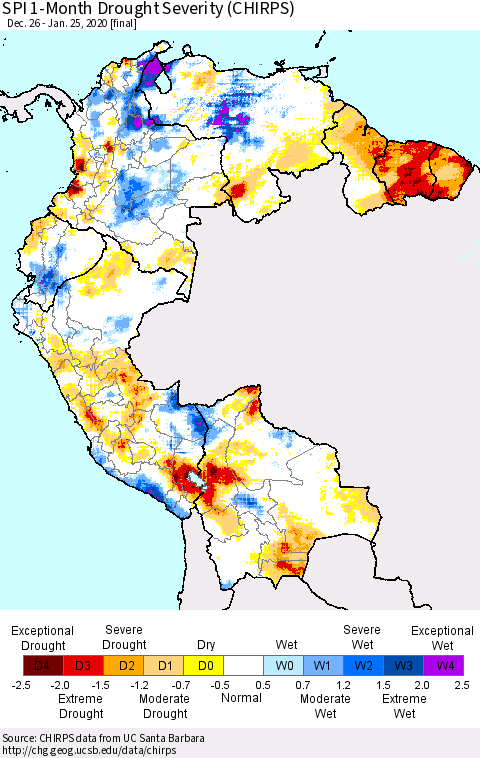 Northern South America SPI 1-Month Drought Severity (CHIRPS) Thematic Map For 12/26/2019 - 1/25/2020