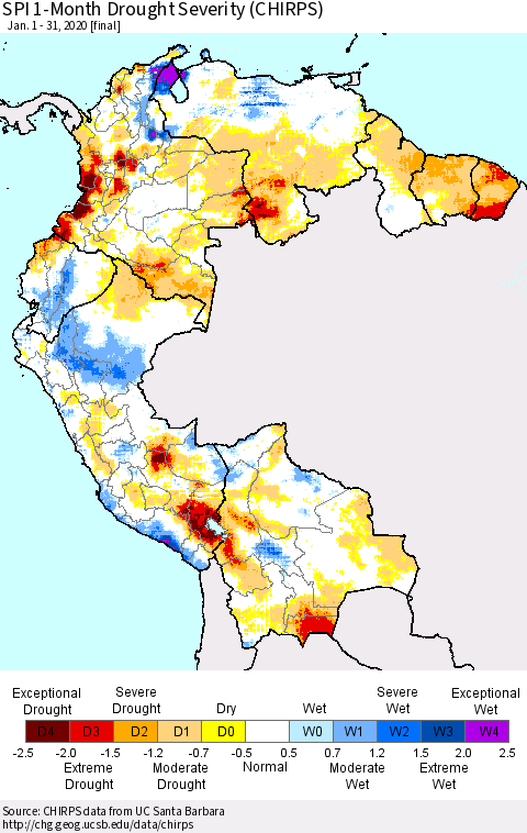 Northern South America SPI 1-Month Drought Severity (CHIRPS) Thematic Map For 1/1/2020 - 1/31/2020