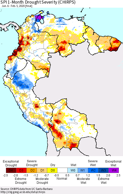 Northern South America SPI 1-Month Drought Severity (CHIRPS) Thematic Map For 1/6/2020 - 2/5/2020