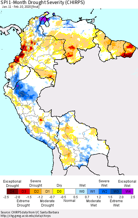 Northern South America SPI 1-Month Drought Severity (CHIRPS) Thematic Map For 1/11/2020 - 2/10/2020