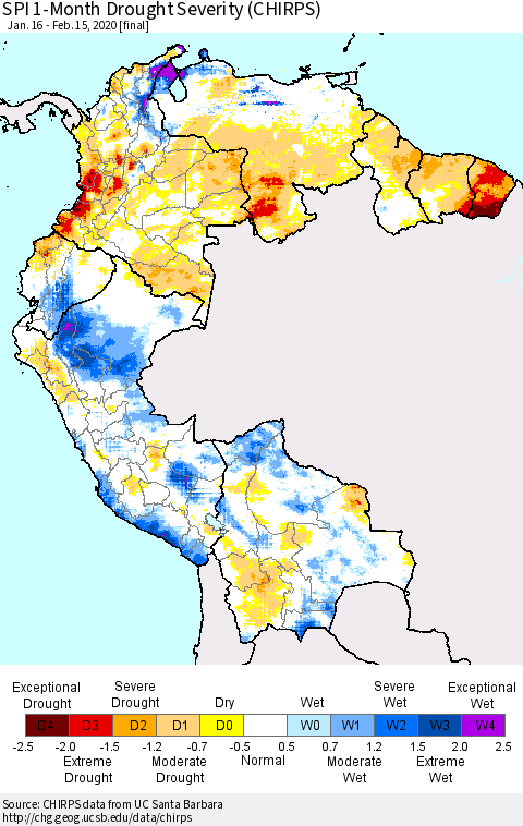 Northern South America SPI 1-Month Drought Severity (CHIRPS) Thematic Map For 1/16/2020 - 2/15/2020