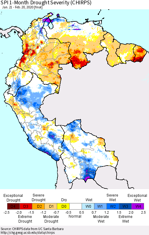 Northern South America SPI 1-Month Drought Severity (CHIRPS) Thematic Map For 1/21/2020 - 2/20/2020