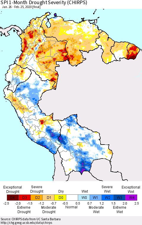 Northern South America SPI 1-Month Drought Severity (CHIRPS) Thematic Map For 1/26/2020 - 2/25/2020