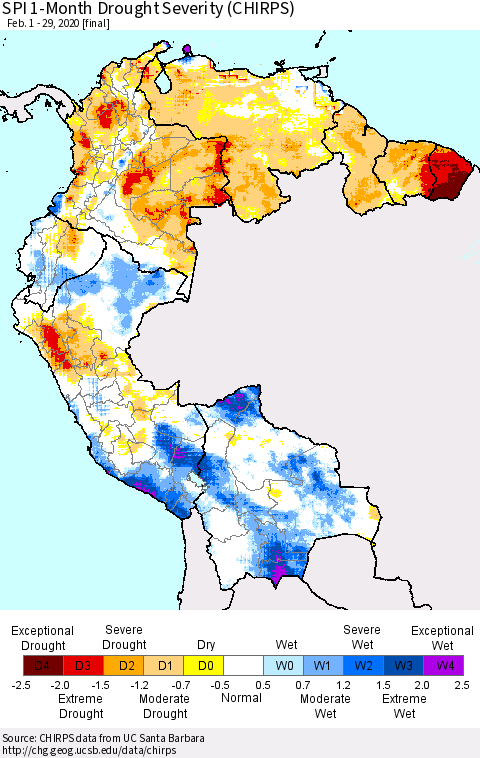 Northern South America SPI 1-Month Drought Severity (CHIRPS) Thematic Map For 2/1/2020 - 2/29/2020